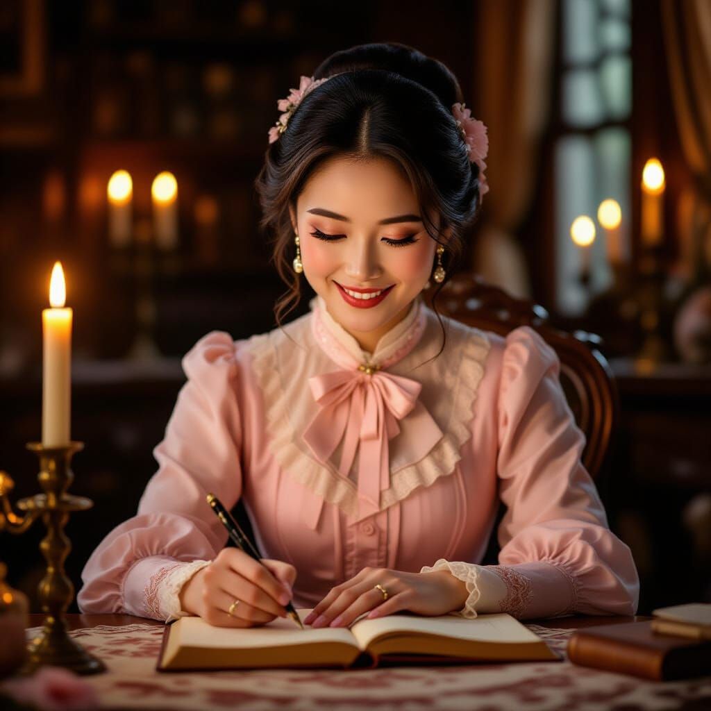 Victorian Asian Woman Journaling by Candlelight