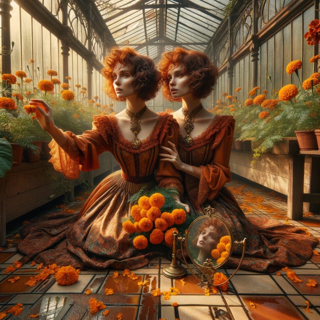 Victorian Twins in Abandoned Greenhouse