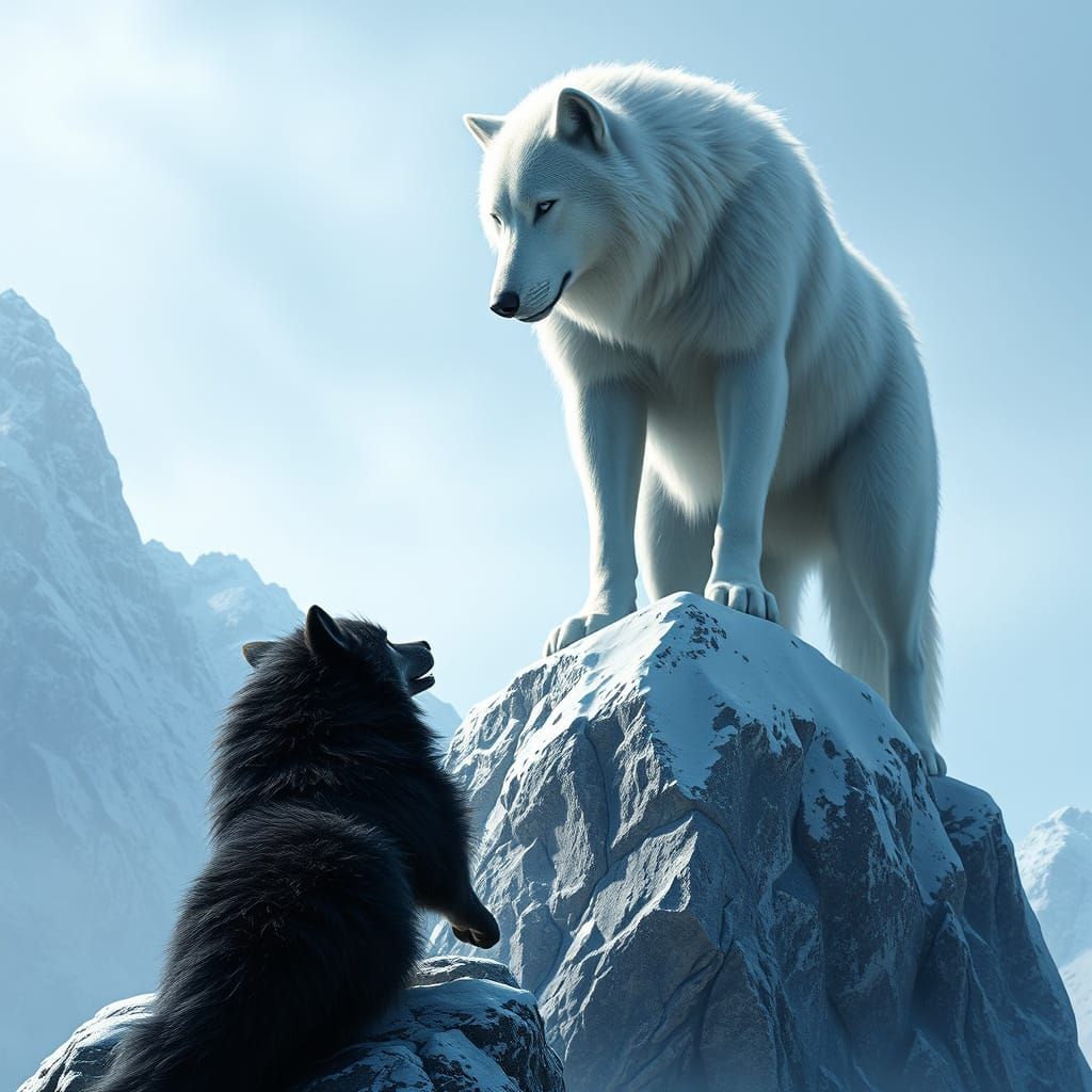 Fearful Black Wolf Submits to Dominant White Wolf in Arctic ...