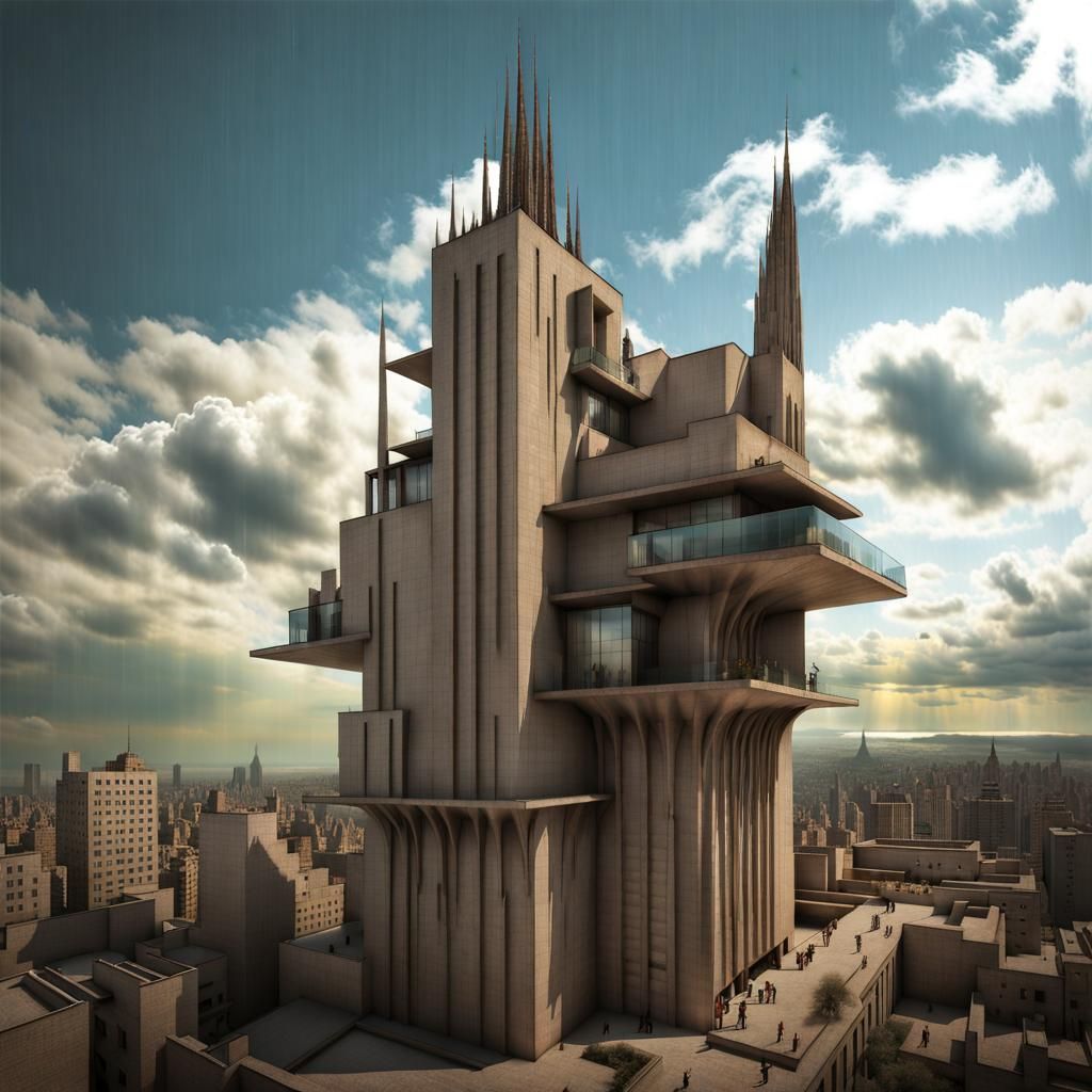 Dystopian Cityscape with Picasso Fractals and Spires