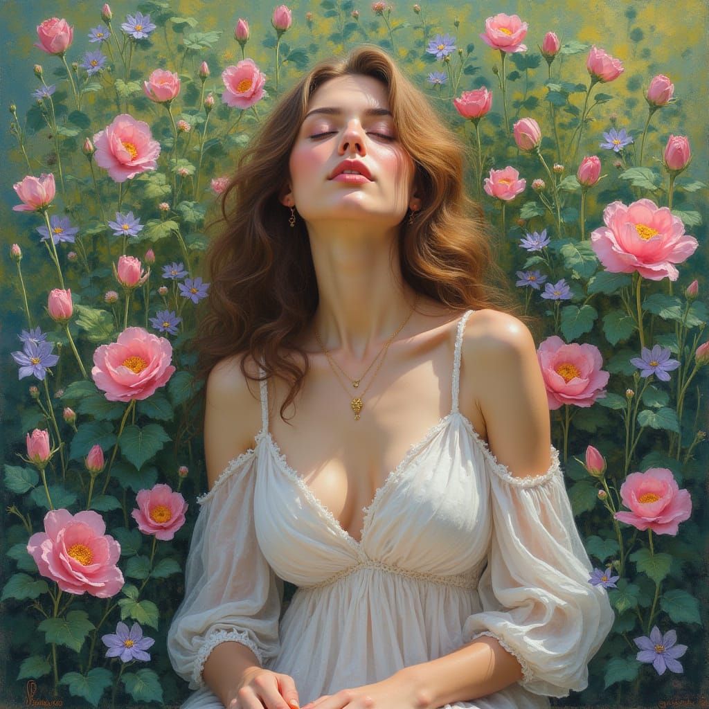 Woman in a Vibrant Floral Garden
