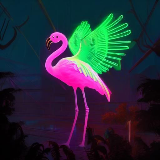 Electric Flamingo in Cyberpunk Dreamscape, Digital Art