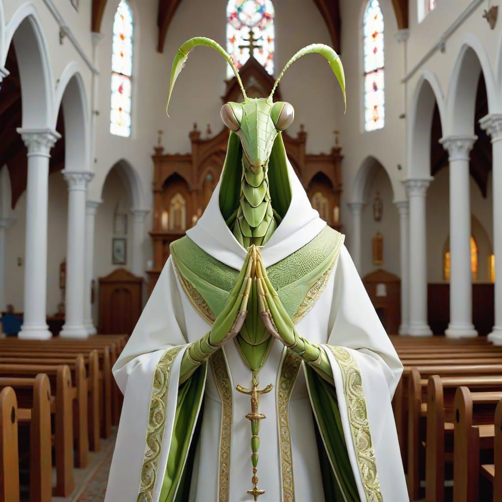 Surreal Praying Mantis Priest Delivers Sermon
