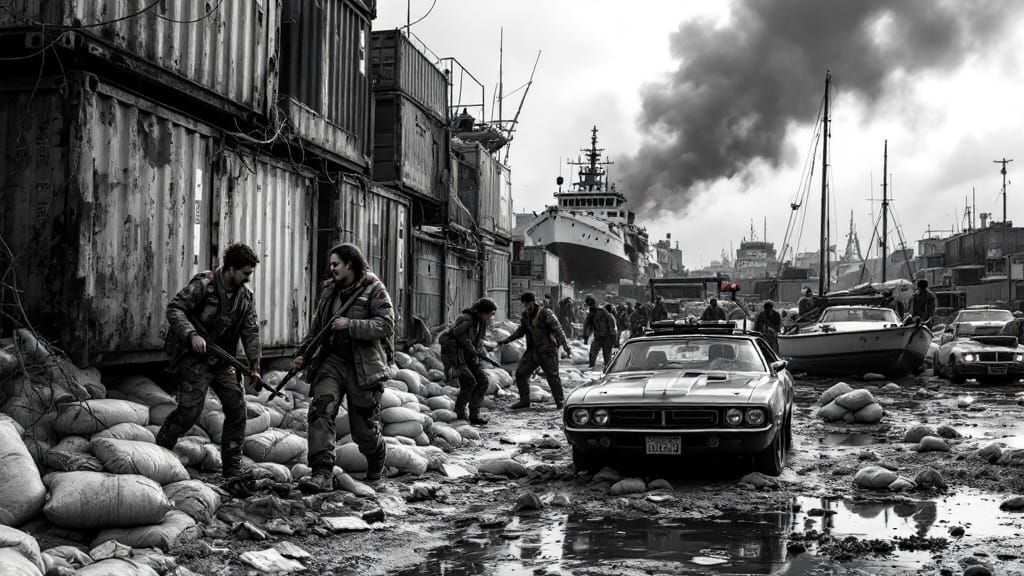 Post-Apocalyptic Village Fortification in High Contrast Blac...