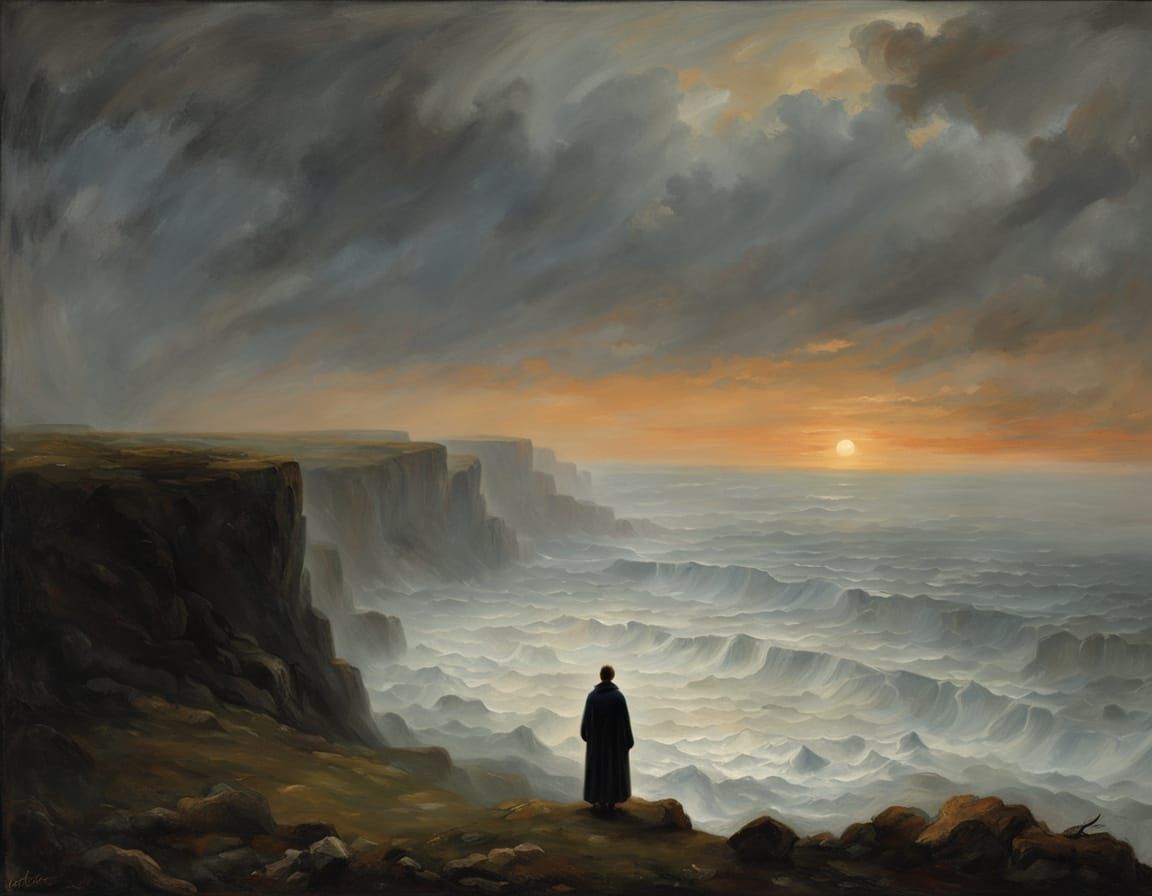 Figure on Cliff in Romantic Style Landscape Painting