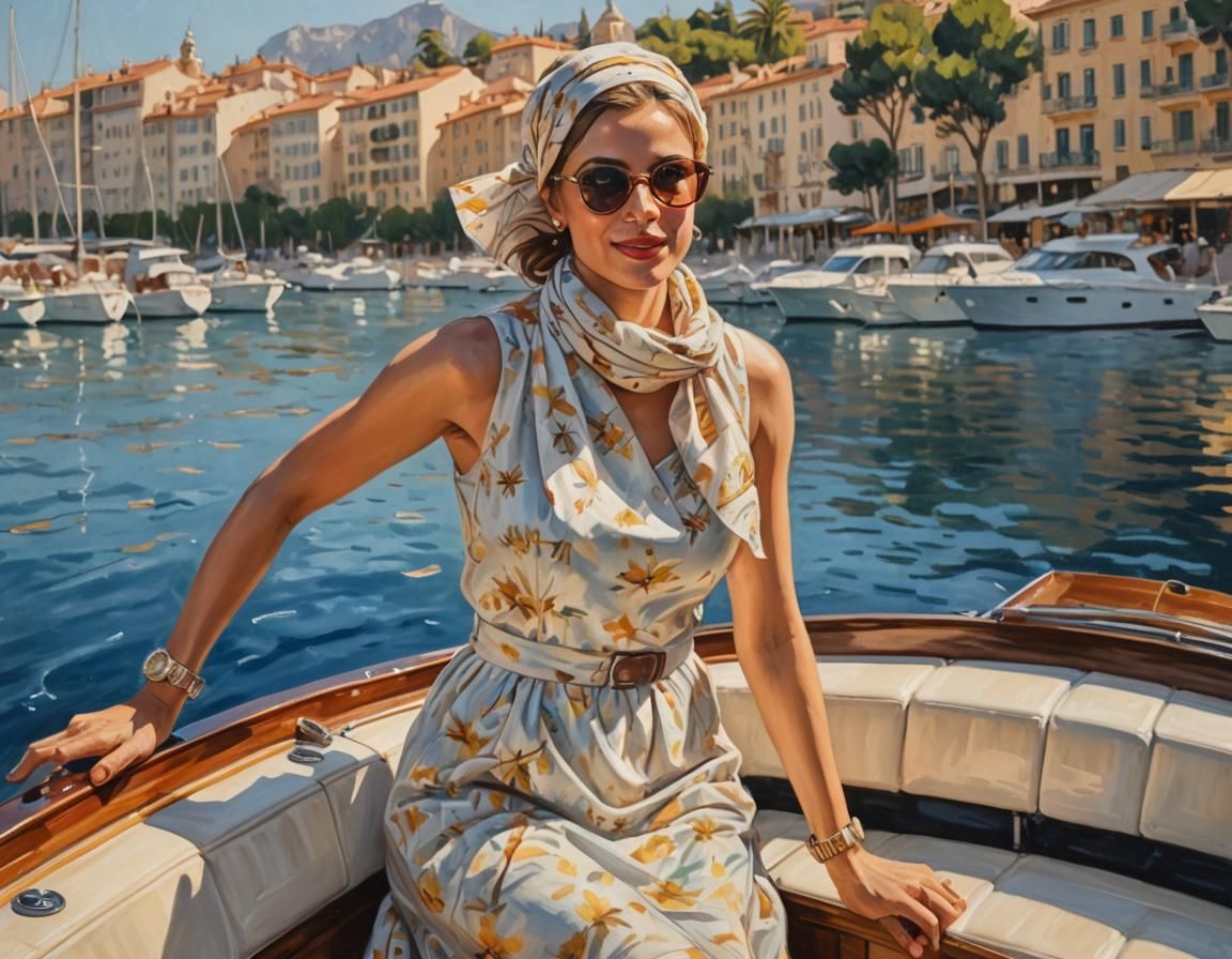 Elegant Woman on Riva Speedboat, Impressionist Gouache