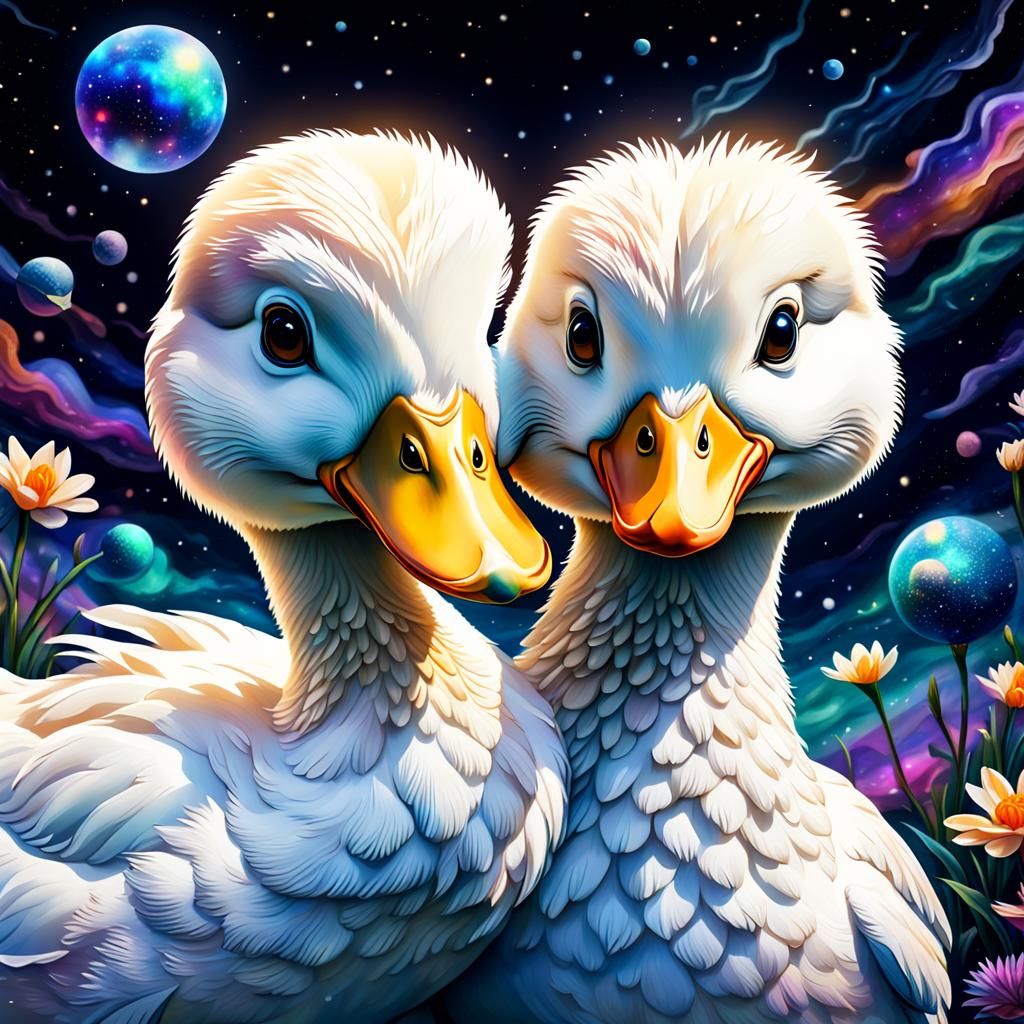 Loving White Duck Couple in Astral Embrace