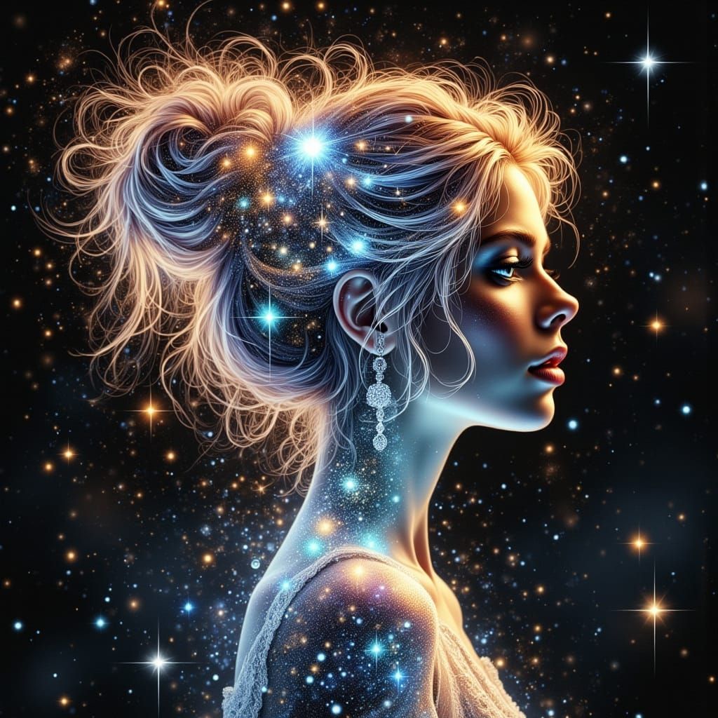 Celestial Goddess with Starry Hair in Double Exposure