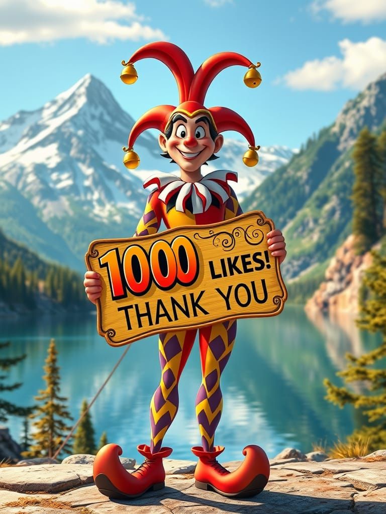 Cartoon Jester in Whimsical Landscape