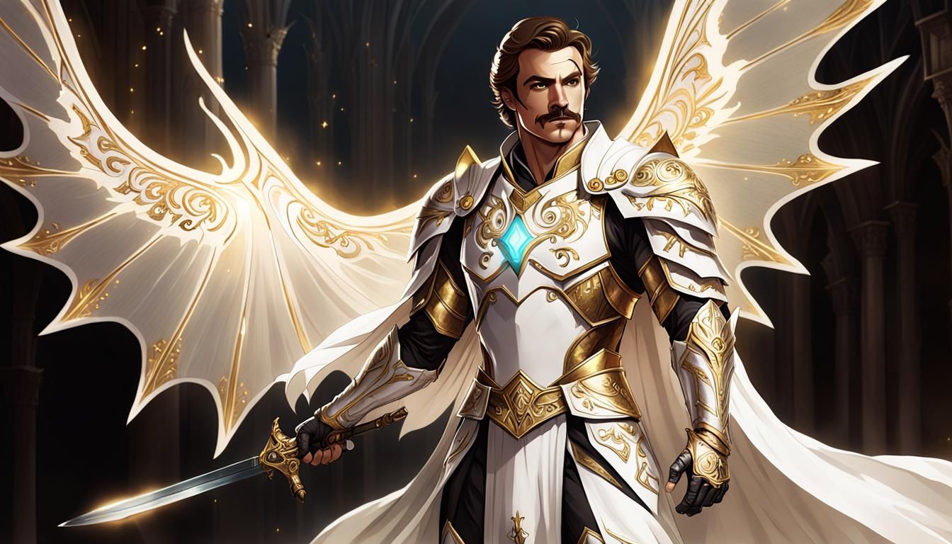 Young Paladin with Radiant Wings in Ornate Armor