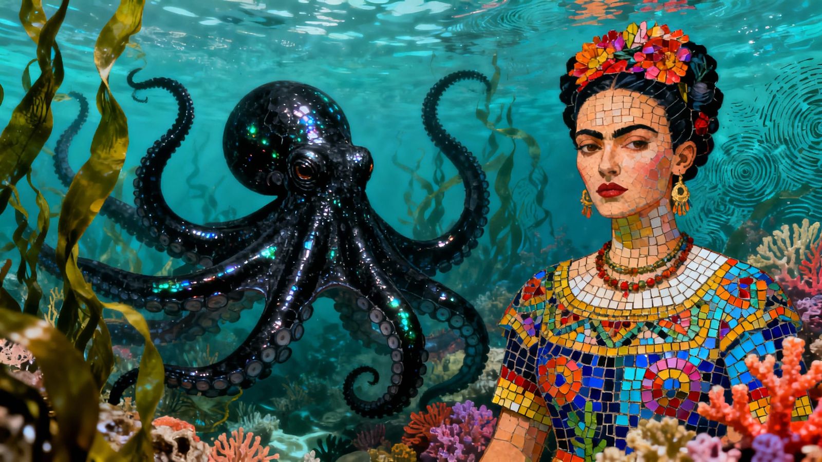 Octopus Mosaic Underwater with Coral and Seaweed