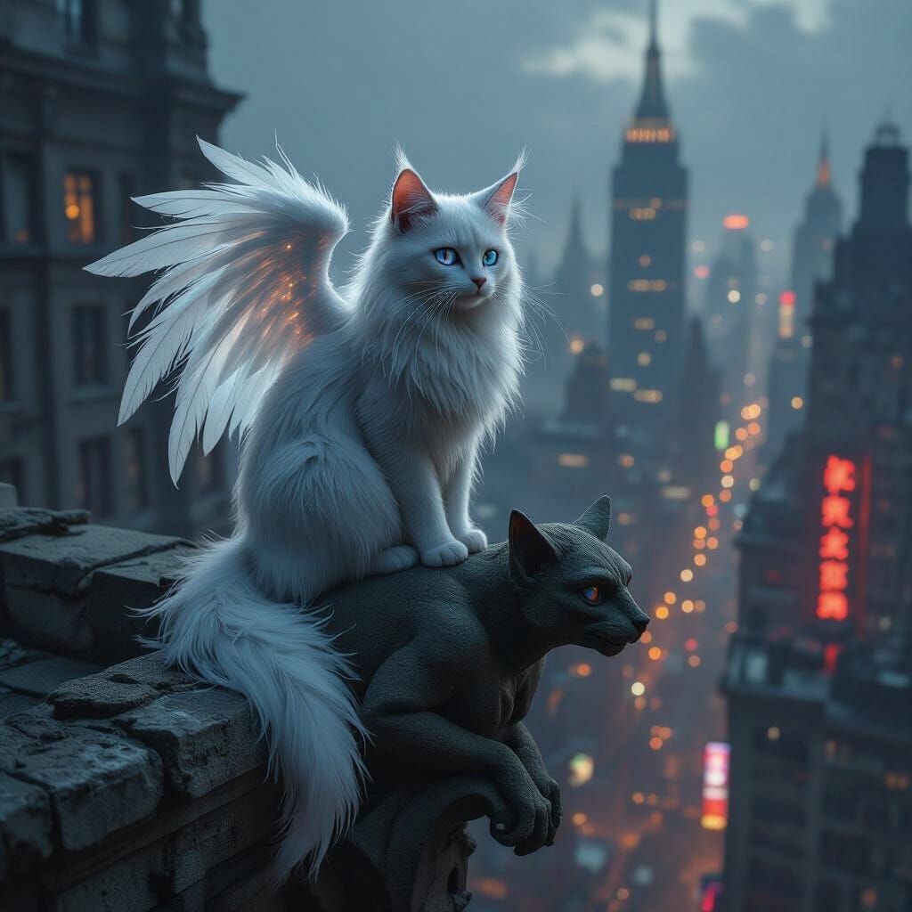 Ethereal Angel Cat on Gargoyle Over Neon City