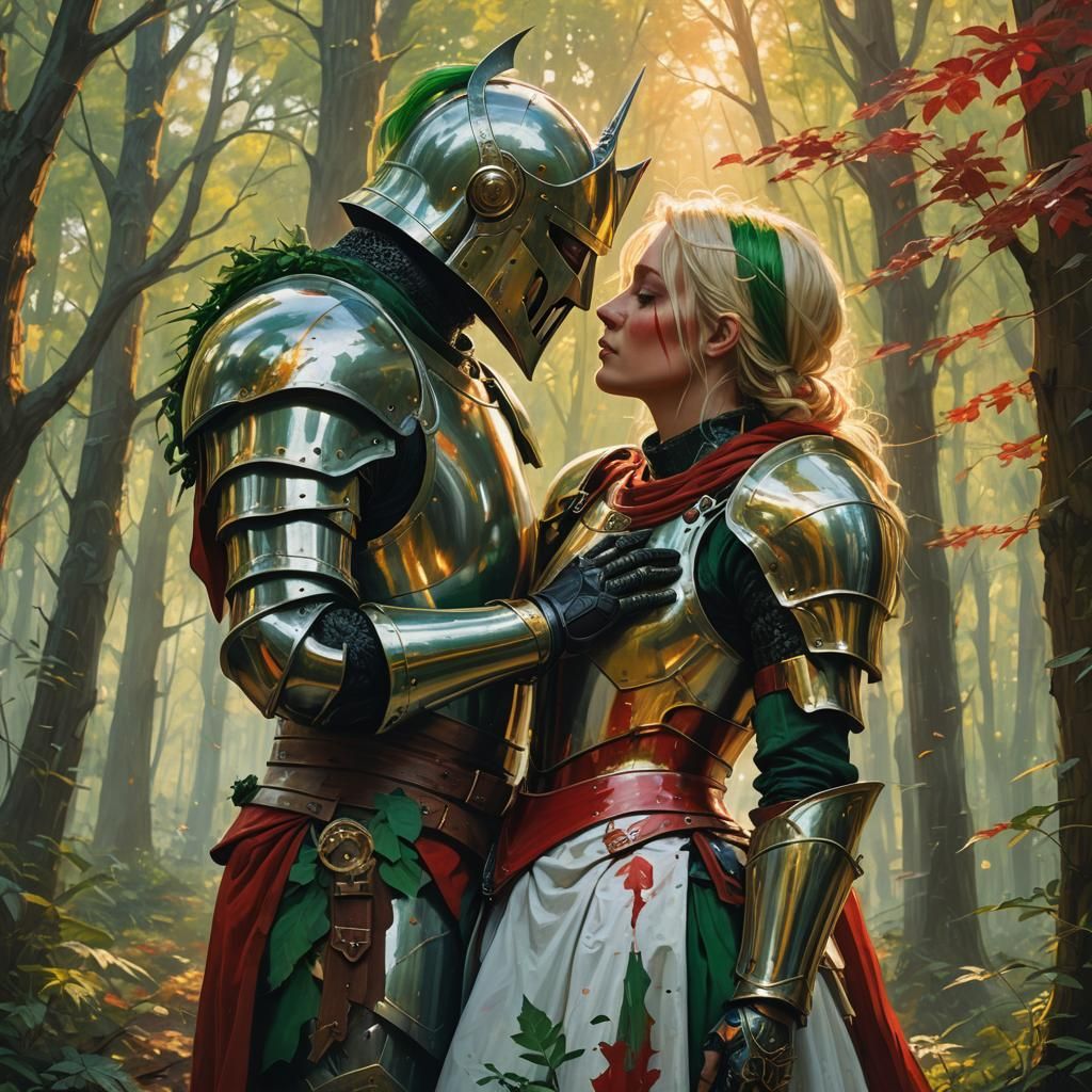 Knights' Passionate Kiss in Dystopian Forest