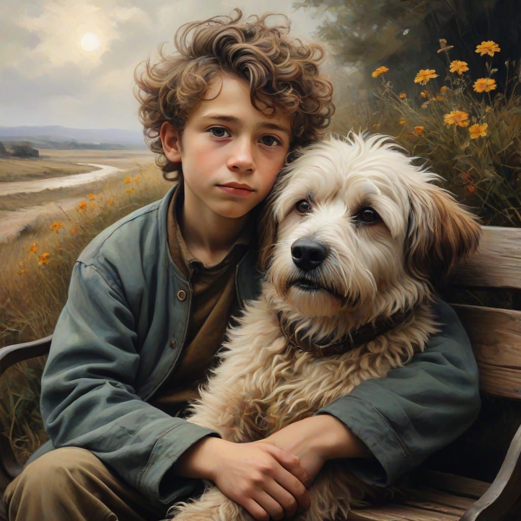 Boy Hugging Dog, Oil Painting in Van Gogh Style