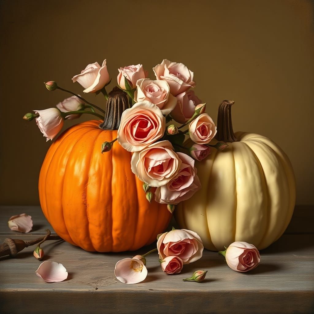 Pumpkins and Roses Still Life in Old Master Style