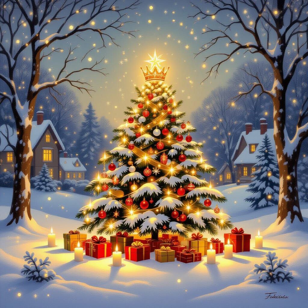 Dreamy Christmas Landscape with Glowing Crown and Candles