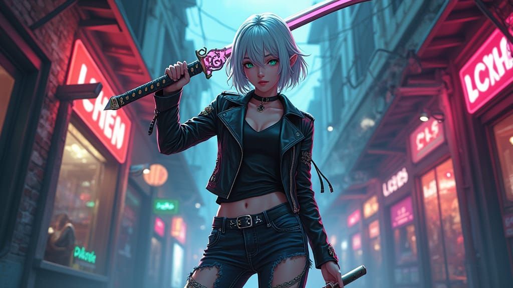 Ethereal Anime Elf Stands Tall in Cyberpunk Fantasy Alley