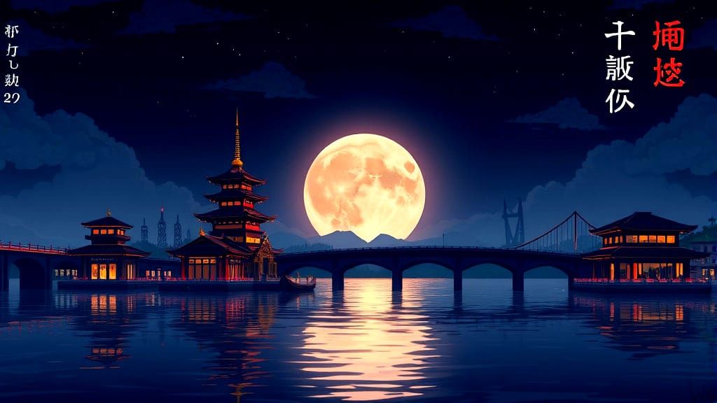 Full Moon Over China with Fireworks