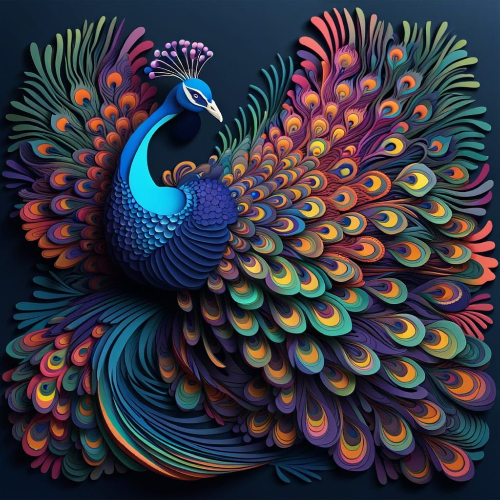 Psychedelic Peacock in 3D Paper Cut Style