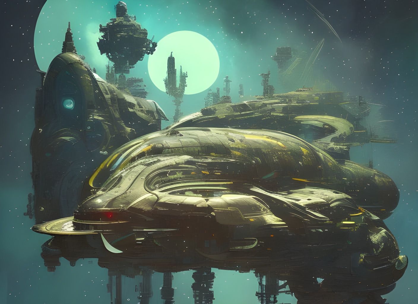 Giant Spaceship Approaches Green Planet in Watercolor Style