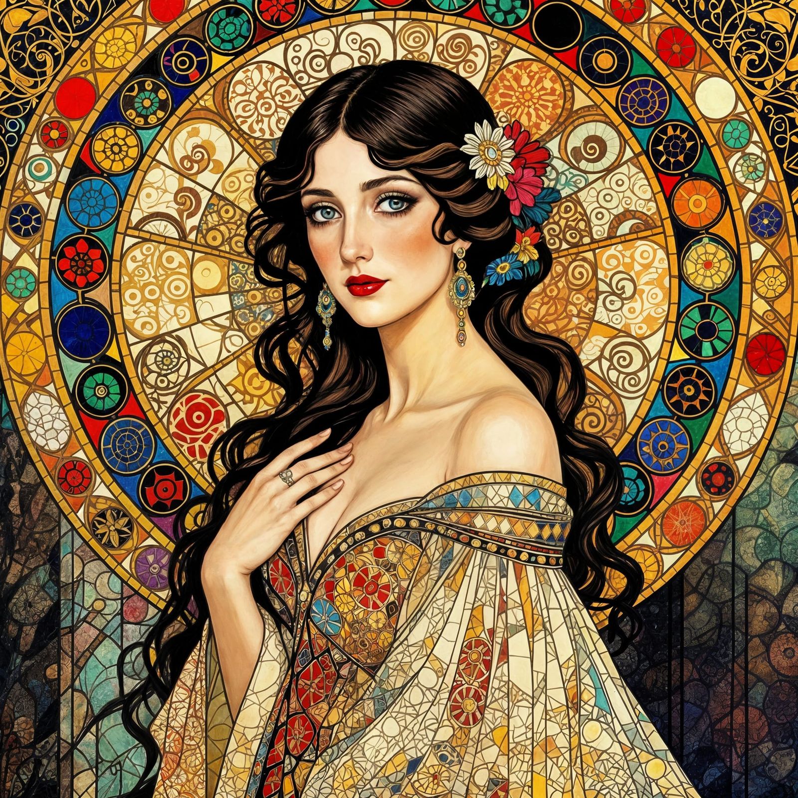 Mosaic Woman in Klimt-Inspired Art Nouveau Style