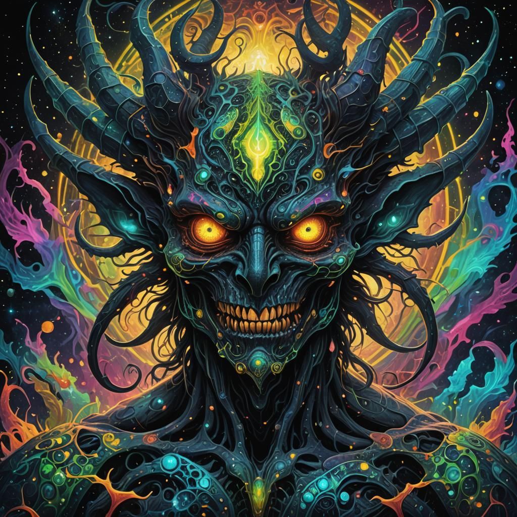 Bioluminescent Psychedelic Demon in Cosmic Illustration