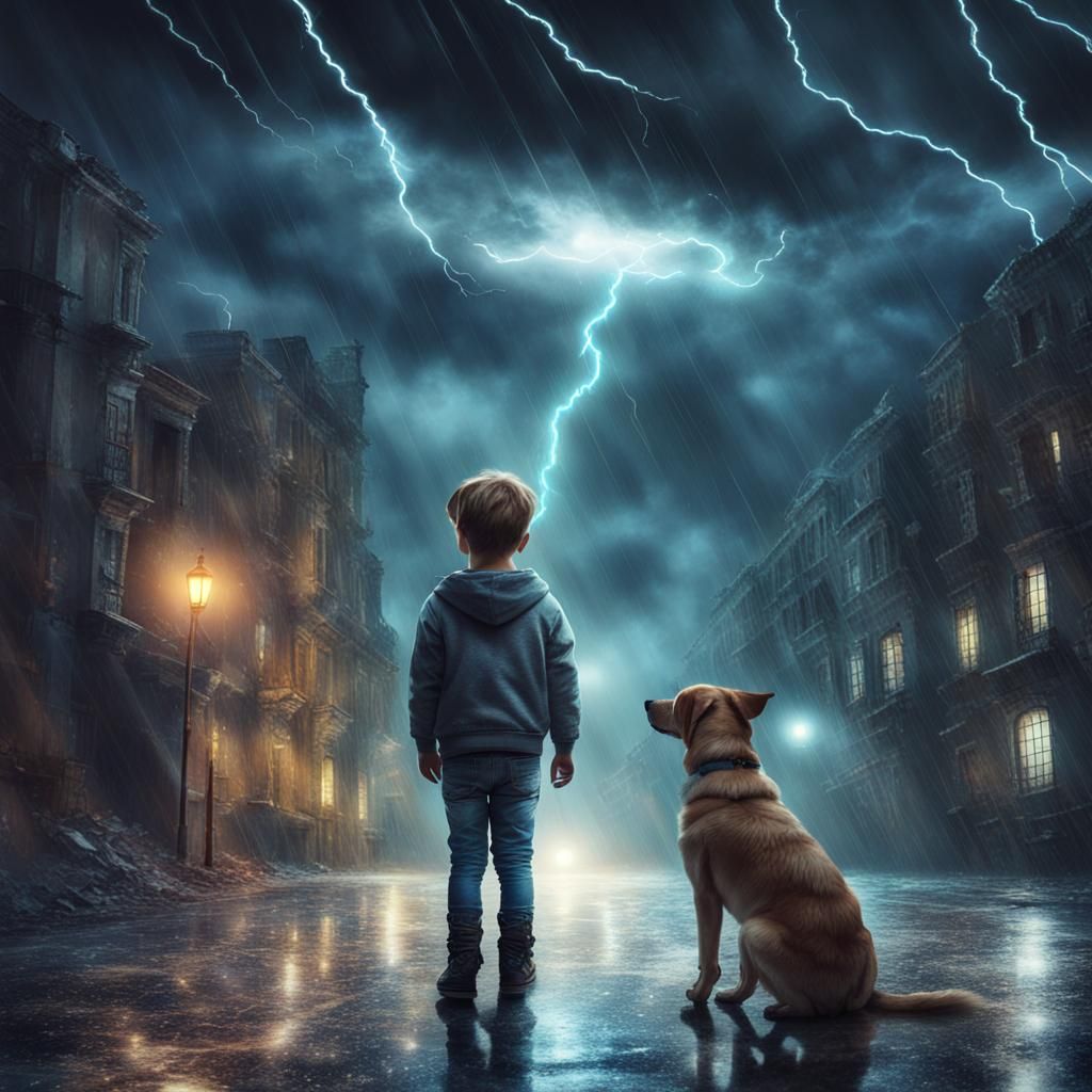 Boy and Dog in City Lightning Storm