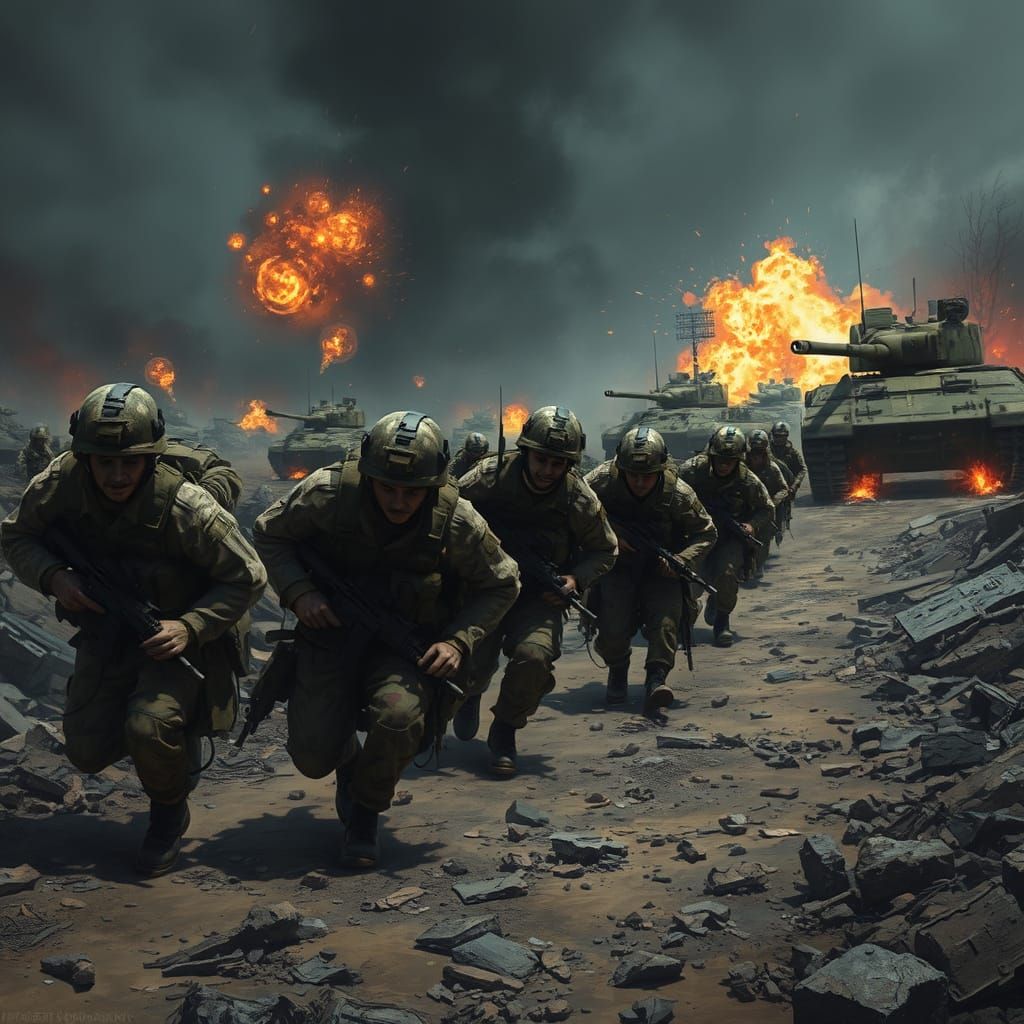 Soldiers Advance Across a Ravaged Battlefield