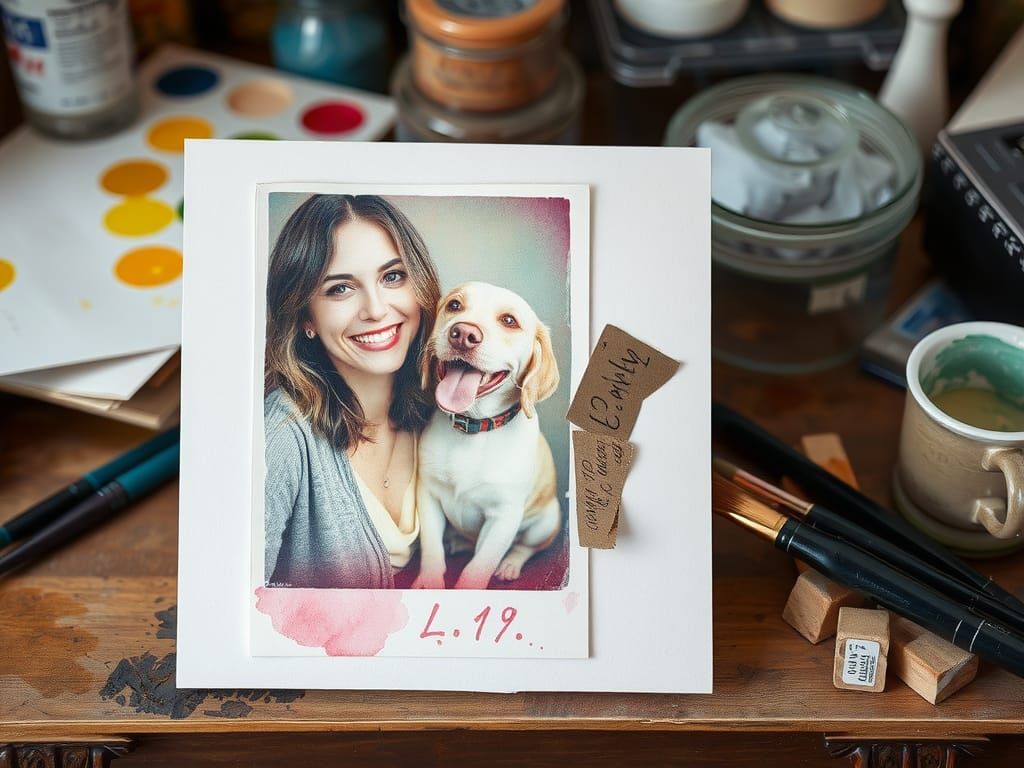 Watercolor Painting of a Woman and Dog Polaroid