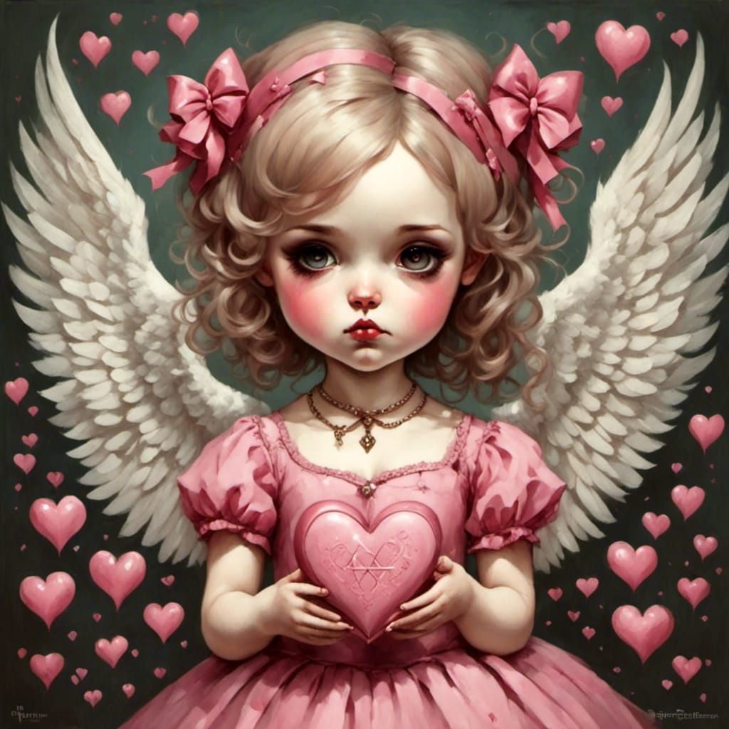 Angel Girl with Pink Bow in Pop Surrealist Style