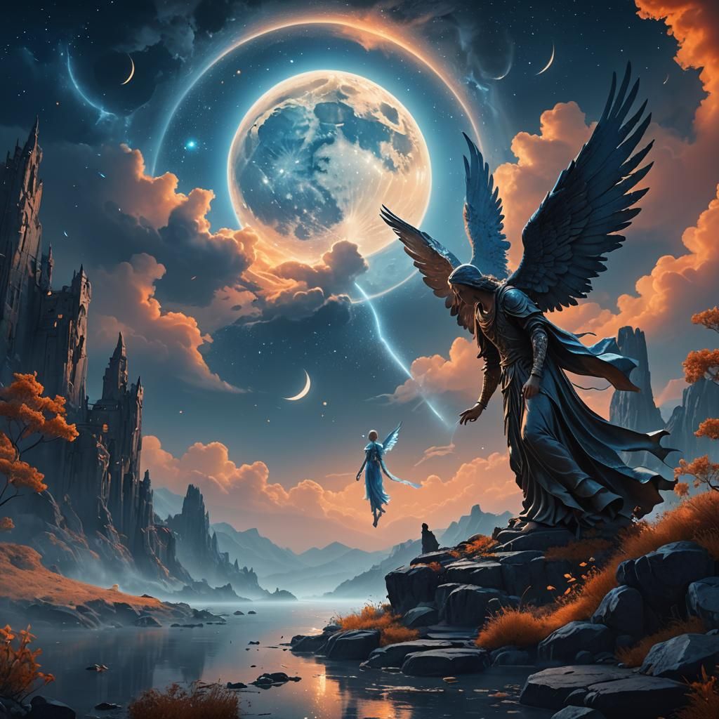 Lonely Angel Under Blue Moon in Fantasy Landscape