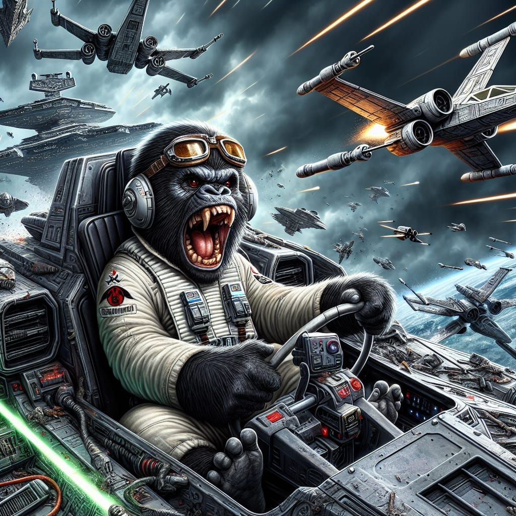 Furious Chibi Gorilla Pilot in Intergalactic Starfighter Bat...
