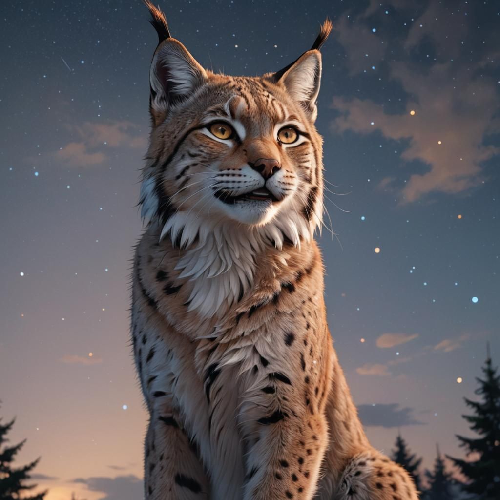 Smiling Lynx in Starlit Sky: 3D Anime Art