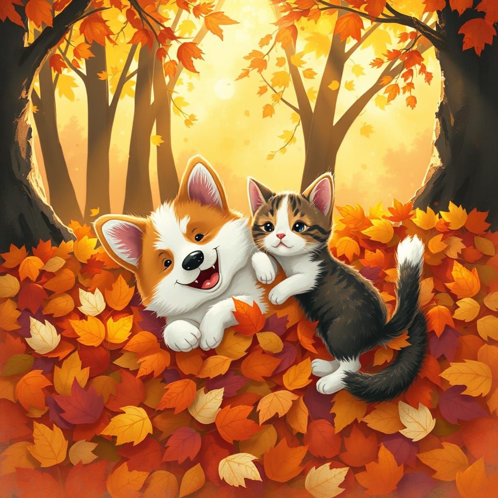 Cute Corgi and Kitten Play in Autumn Leaves