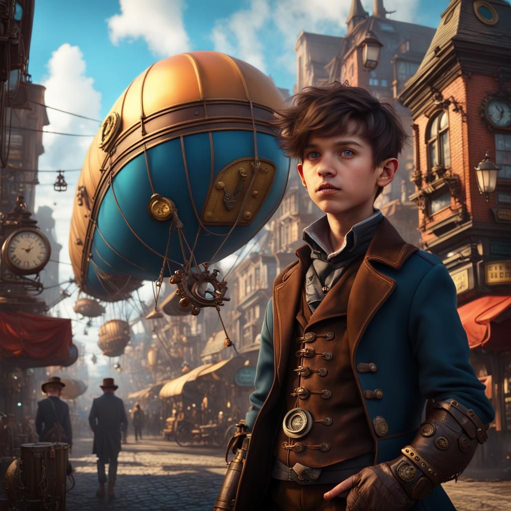 Steampunk Boy in Dirigible Town: Digital Matte Painting