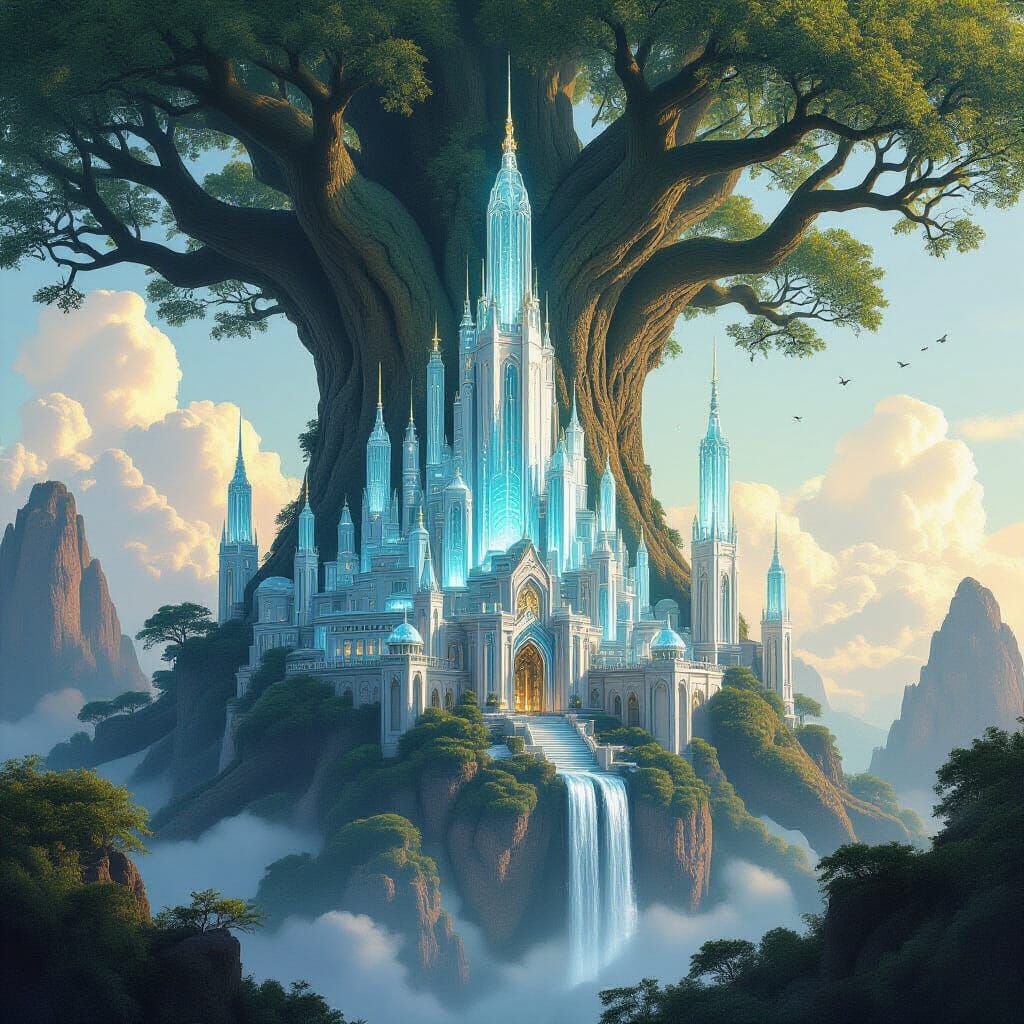 Crystal City in Ancient Tree, Futuristic Art