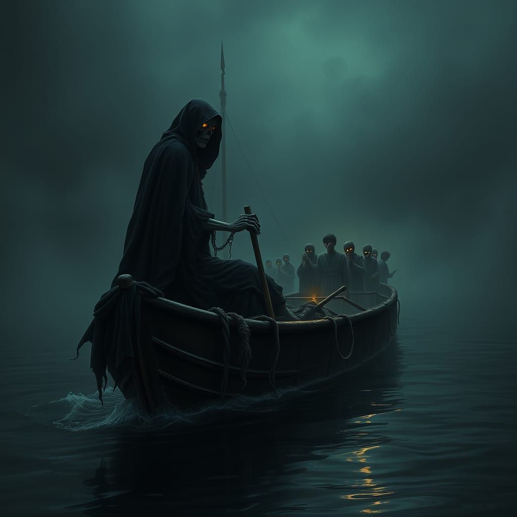 Charon Guides His Skeletal Boat Across the River Styx in a H...
