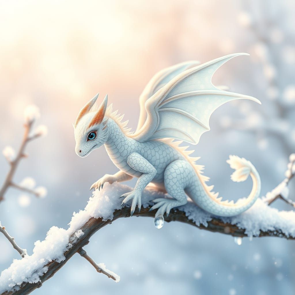 Whimsical White Dragon in Winter Wonderland