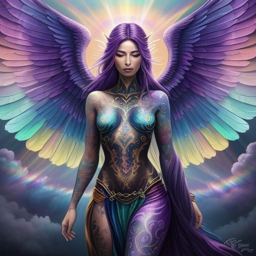 Ethereal Tattooed Woman Ascending Through Rainbow Clouds