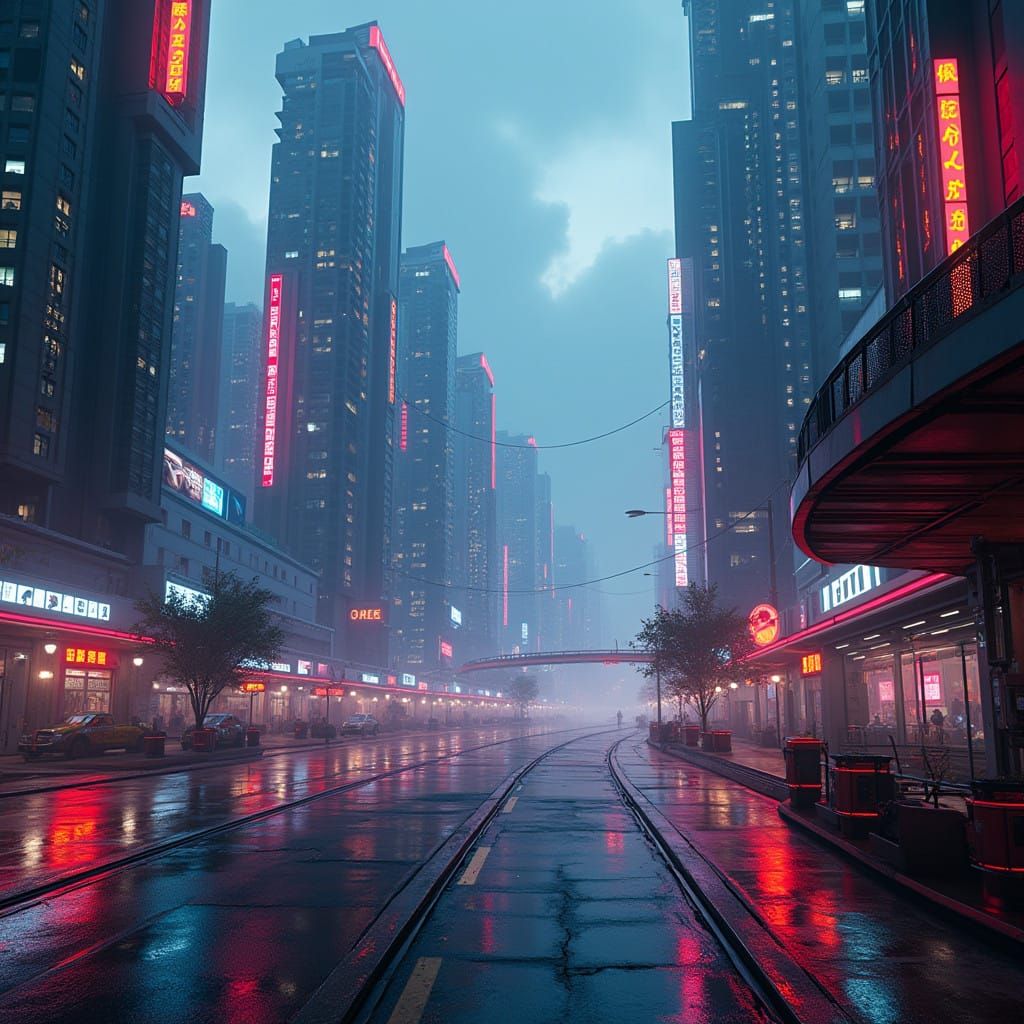 Futuristic Metropolis at Dusk in Neon Color Palette