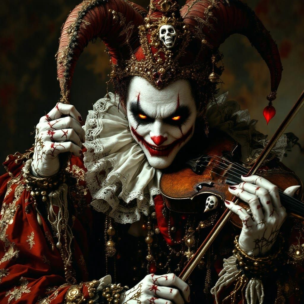The Corrupt Jester's Ominous Gaze in Lavish Baroque Style