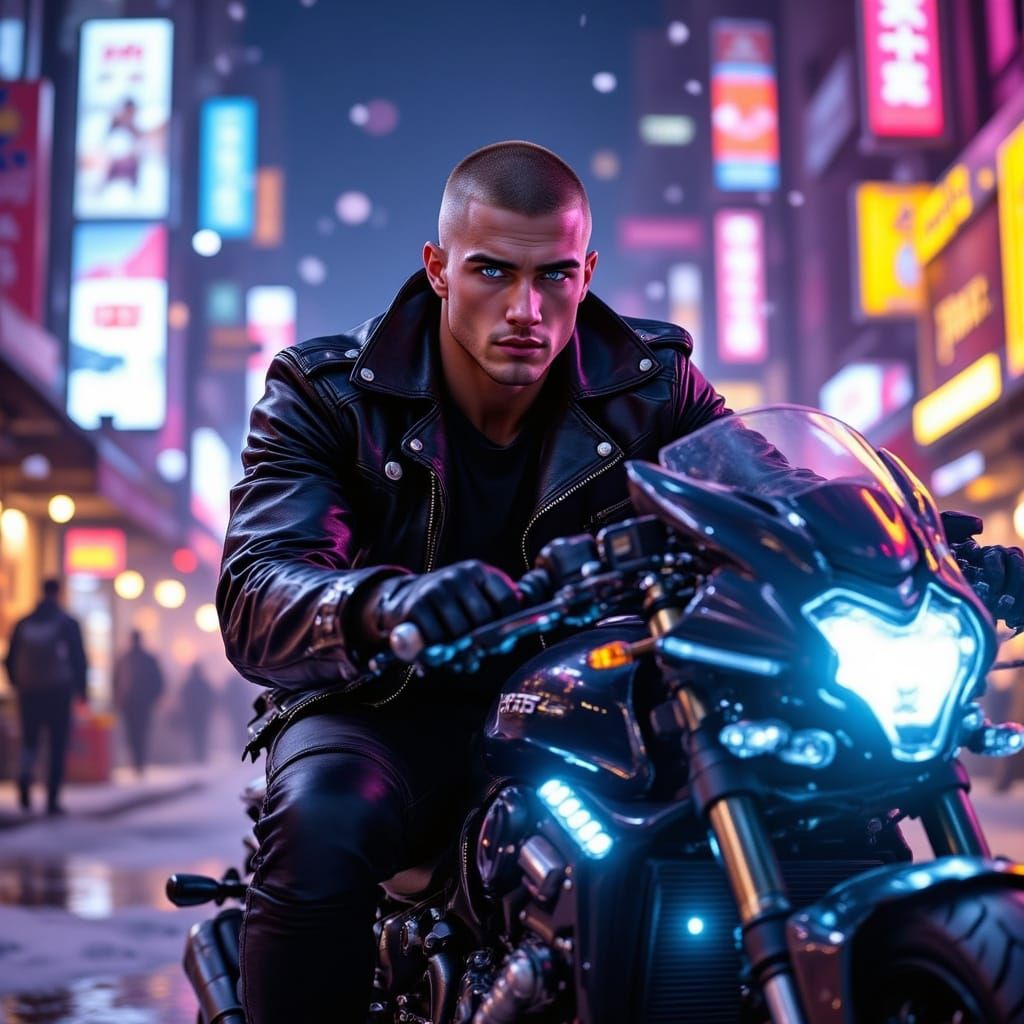 Futuristic Motorcycle Rider in Neon Cityscape