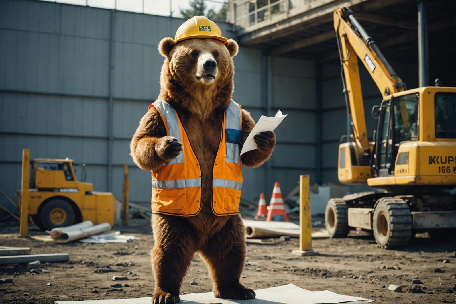Kodiak Bear Construction Worker Examining Blueprints
