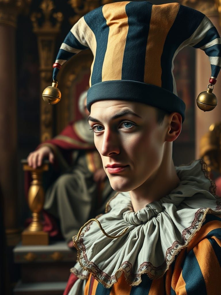 Renaissance Jester Masterpiece in Elegant Oil Painting Style