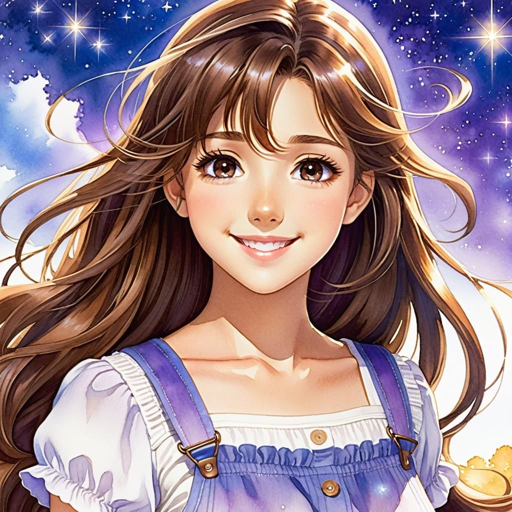 Watercolor Manga Portrait of a Pretty Woman