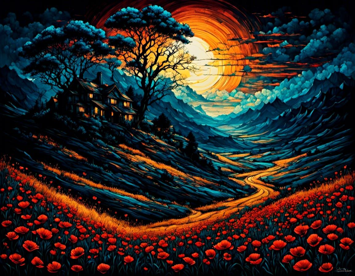 Surreal Landscape of Dreams and Poppies in Watercolor