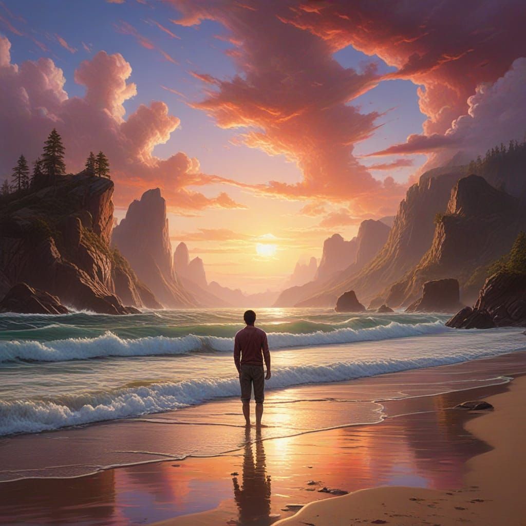 Hyperrealistic Sunset Beach Scene with Lone Figure