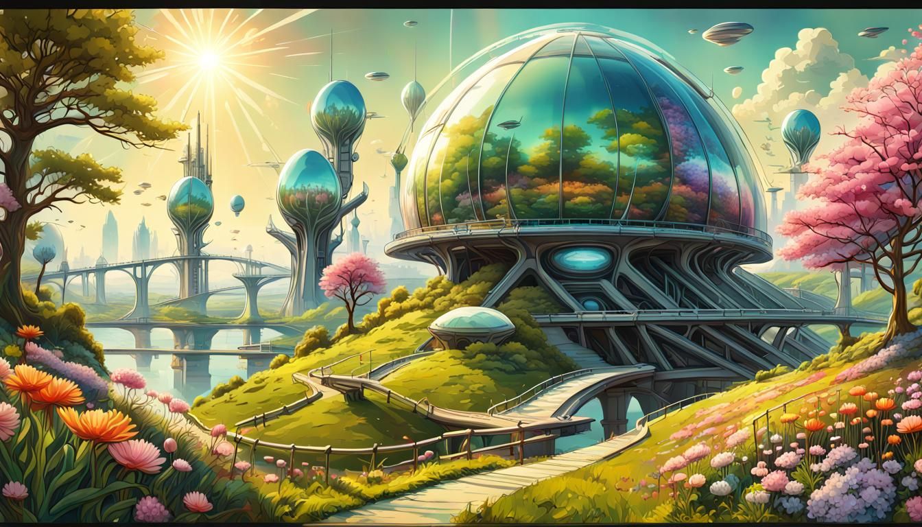 Iridescent Alien Spring Landscape with Flying Machines