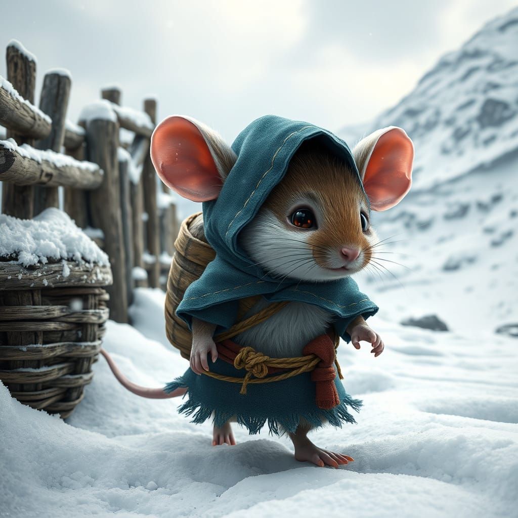 Determined Mouse in Snowy Mountain Landscape
