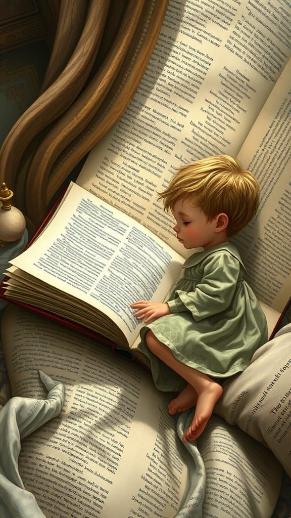 Child Immersed in Book Ocean, Blending Fantasy Art